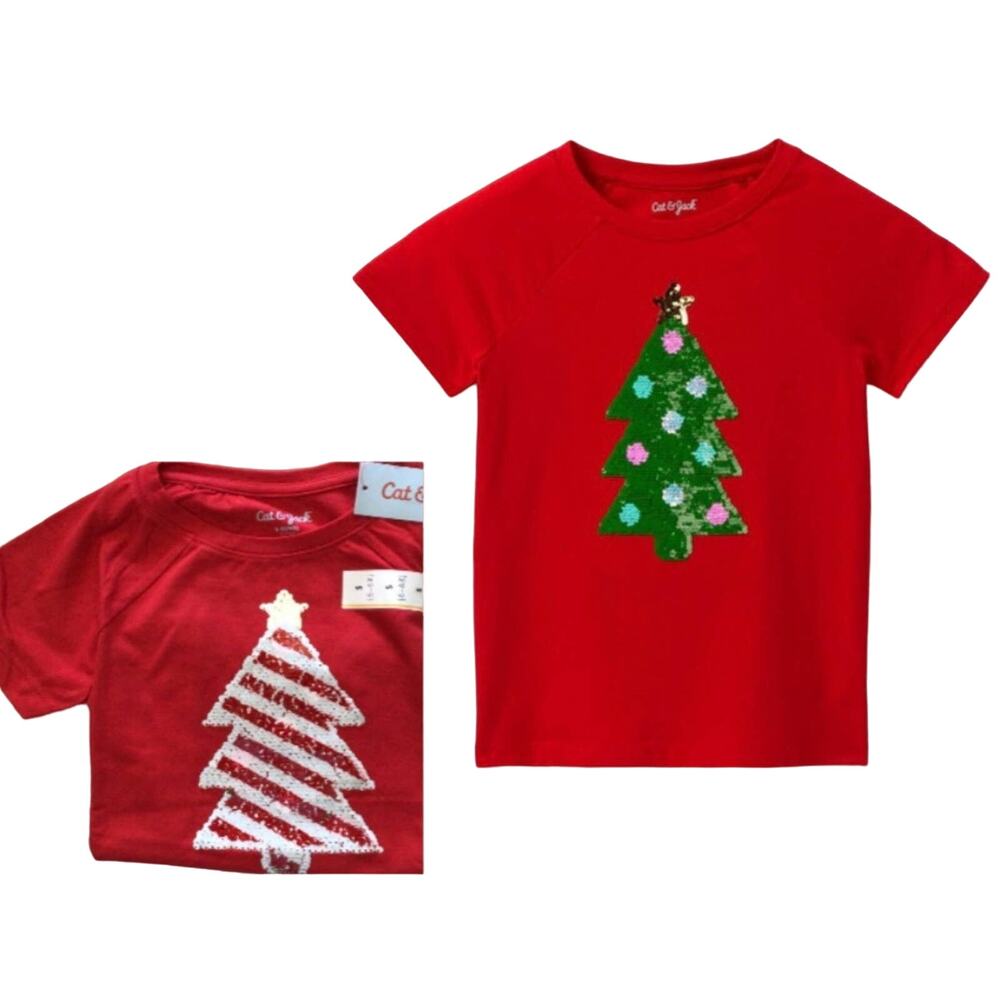 NEW Girls TEE Med 6/6x T-Shirt Flip Sequin Tree Holiday Christmas Cat & Jack NWT